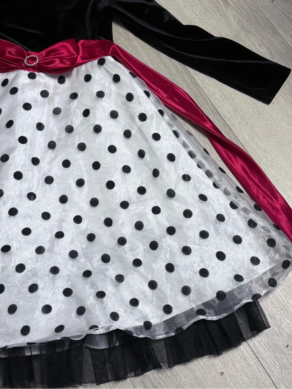 Emily West Black Velvet & White Polka Dot Party Dress with Berry Sash